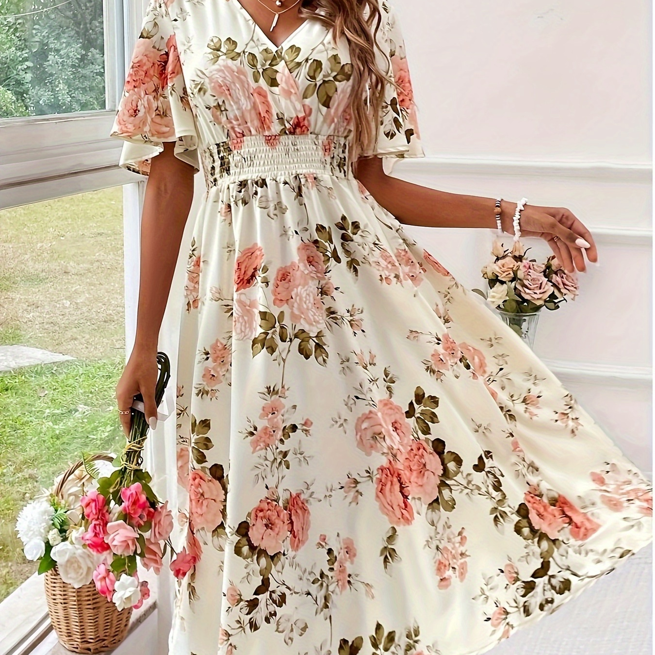 

Shirred Waist Floral Print A-line Dress, Elegant V Neck Short Sleeve Dress For Spring & Summer, Women's Clothing