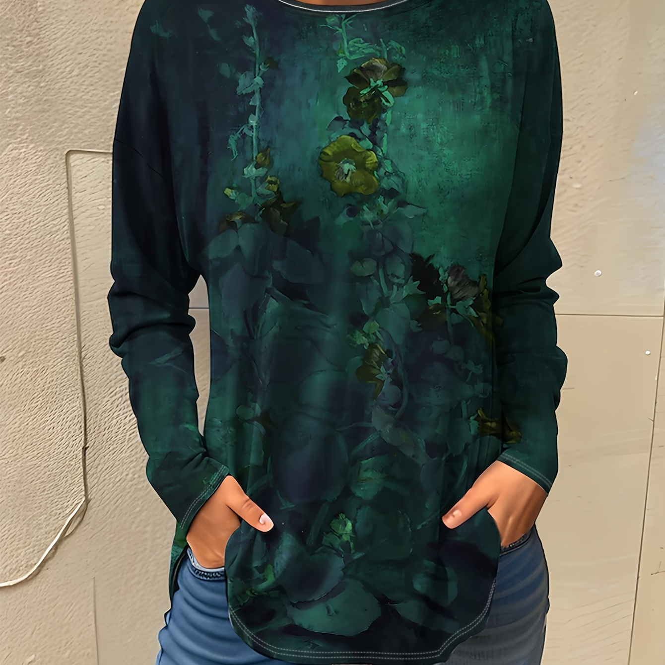 

Vintage-inspired Women's Floral Print Long Sleeve T-shirt - Casual Crew Neck Top With Green, Hues, Fall/winter, Machine Washable, Polyester & Elastane