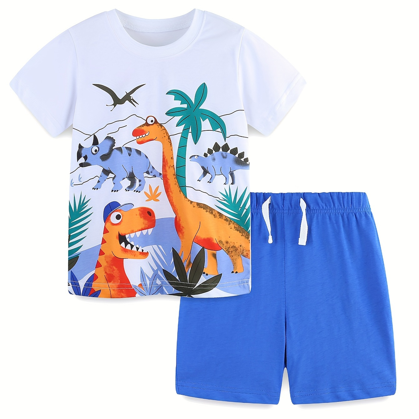 

Boys T-shirt And Shorts Set Two-piece Set Summer Knitted 's T-shirt Short Sleeve Set Cartoon Dinosaur Print Random Pattern Round Neck Casual Two-piece Set 2-7y, Outdoor