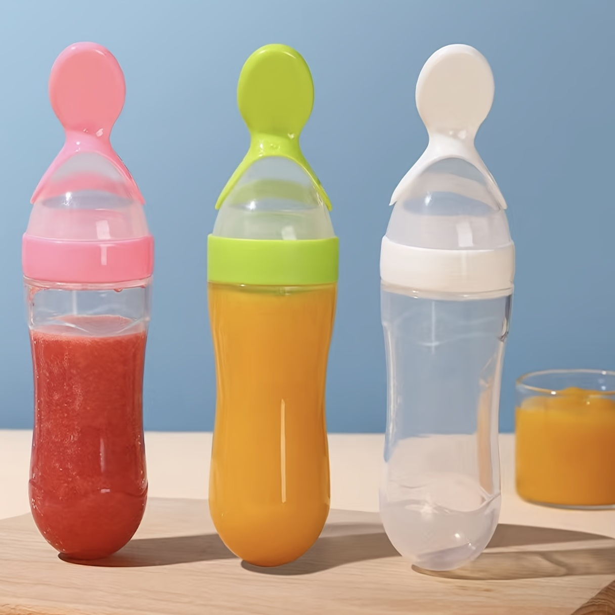 

Baby Food Feeder, 90ml/3oz Silicone Feeding Bottle With Spoon And Stand, Food Supplement Milk Bottle, Squeeze Spoon Feeder For Infant Food Dispensing And Feeding, Multifunctional Feeding Tableware