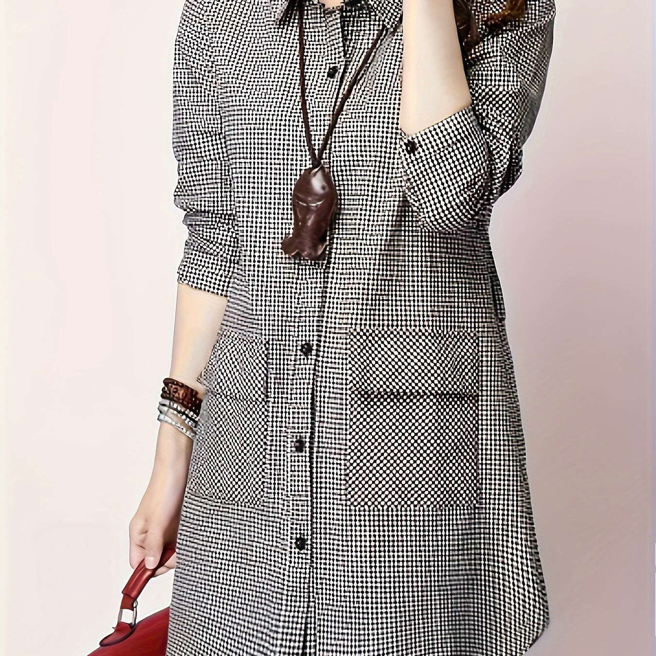 

Gingham Print Button Front Shirt, Casual Long Sleeve Flap Pockets Thigh Length Blouse For Spring & Fall, Women's Clothing