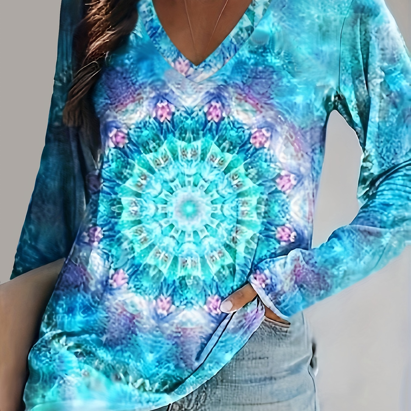 

All Over Print V Neck T-shirt, Casual Long Sleeve T-shirt For Spring & Fall, Women's Clothing