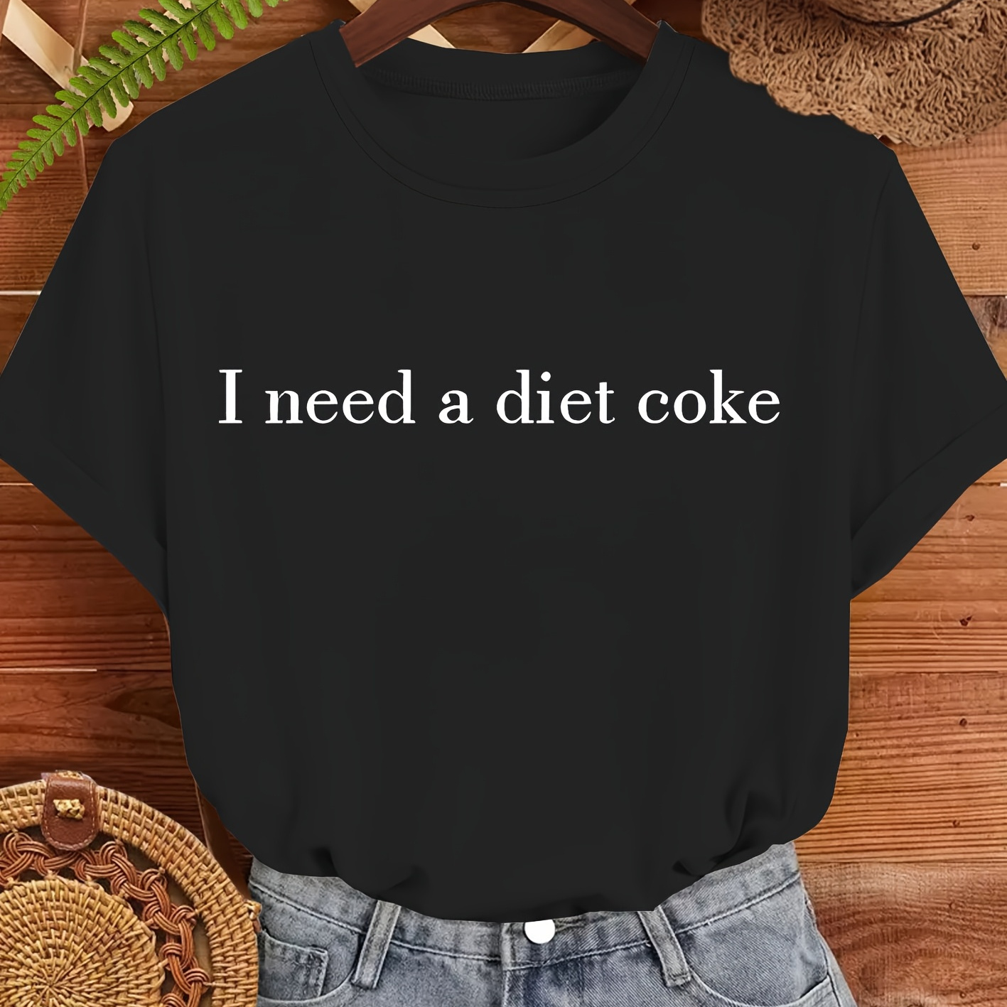 

1pc Women's Casual Crew Neck T-shirt With "i Need A Diet " Print, Polyester Knit Fabric, Medium Stretch, Short Sleeve, Fashionable Letter Print Top For Spring/summer/fall