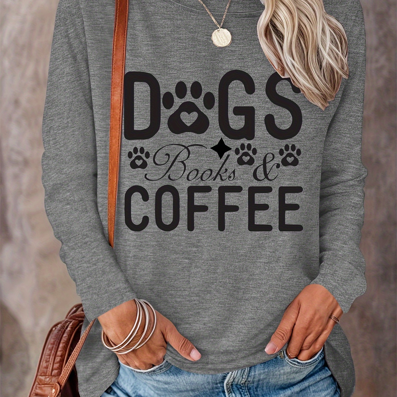 

Dog Paw & Letter Print Casual T-shirt, Crew Neck Long Sleeve Top For Spring & Fall, Women's Clothing