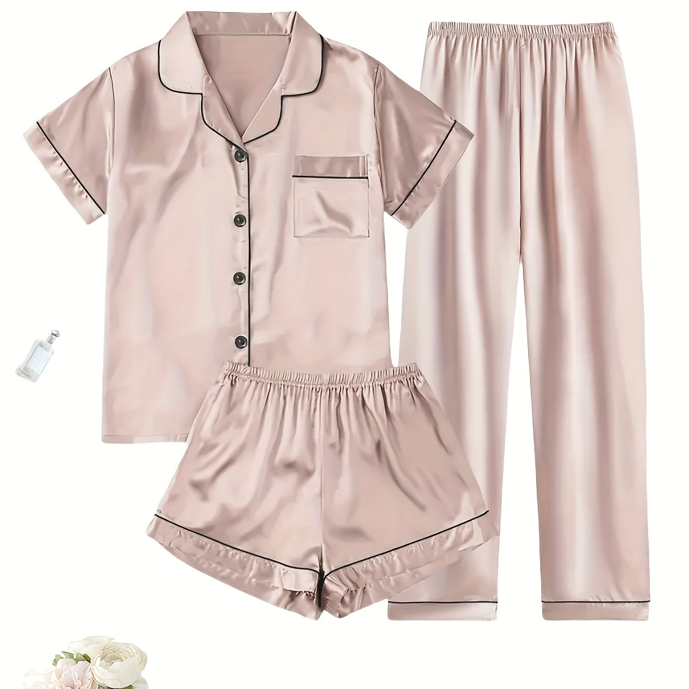 

Ensemble de pyjama élégant en satin uni pour femme, haut à manches courtes avec boutons et revers, pantalon et short, coupe décontractée confortable.