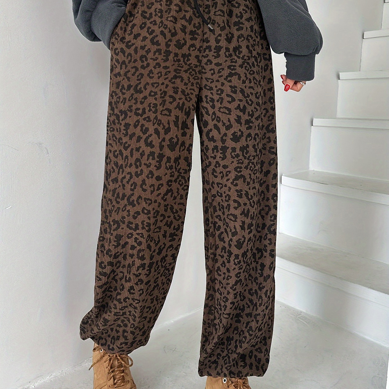 

Women's Leopard Print Corduroy Joggers - Casual & Comfy Loose-fit Sweatpants With Drawstring Waist, Machine Washable, Fall/