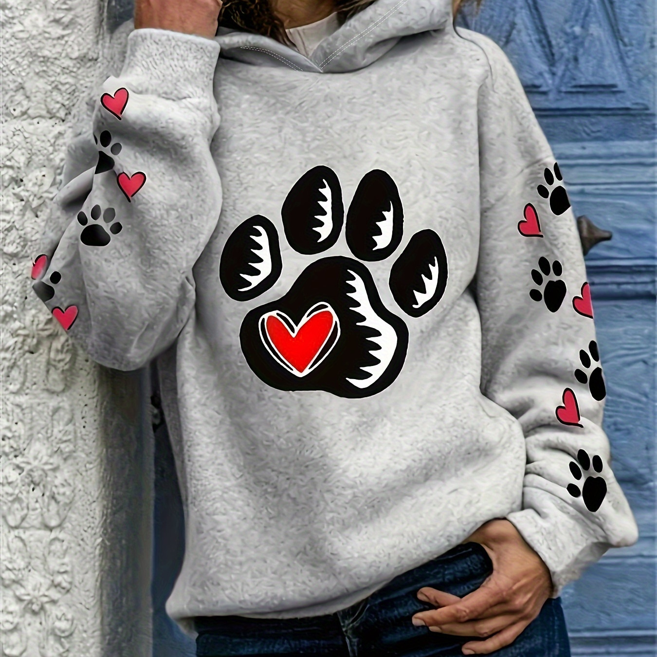 

Women's Long Sleeve Hoodie With Paw Print And , Pop Art Print, Polyester Knit Fabric, Fashion Pullover Sweatshirt For All