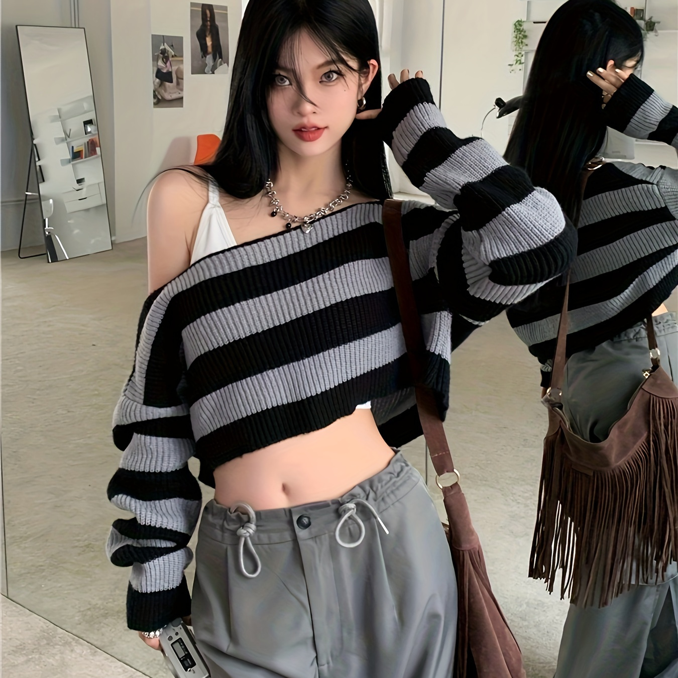 

Striped Off Shoulder Knitted Top, Casual Long Sleeve Crop Sweater For Spring & Fall, Women's Clothing