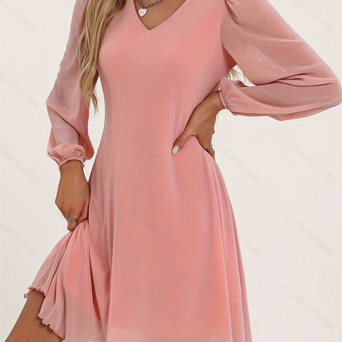 

V Neck Solid A-line Dress, Young Long Sleeve Crew Neck Dress For Spring & Fall, Women's Clothing