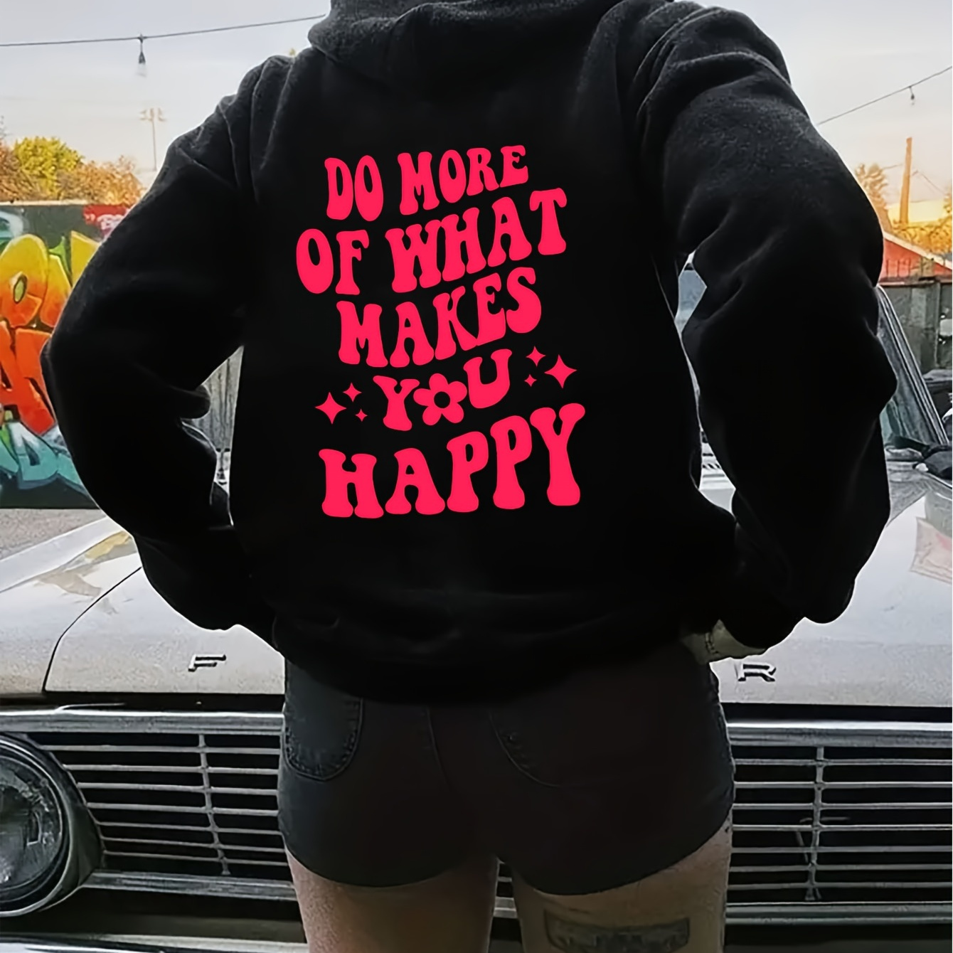 

Happy Slogan Print Hoodie, Cute Drawstring Kangaroo Pocket Hoodies Sweatshirt, Women's Clothing