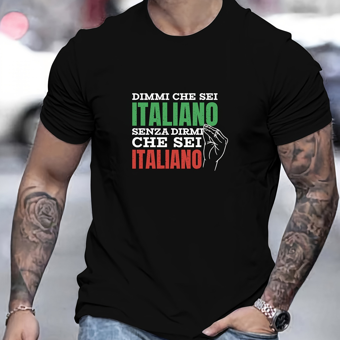 

Men's Italian-inspired Graphic Tee - Casual Crew Neck, Short Sleeve T-shirt For Summer, Breathable Polyester