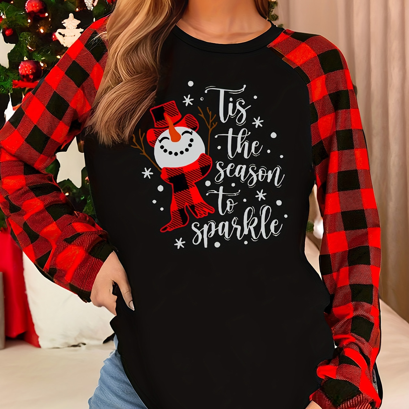 

Women's Christmas Snowman Print Long Sleeve Top With Raglan Sleeves, Casual Crew Neck Knit Polyester Shirt For Fall/winter