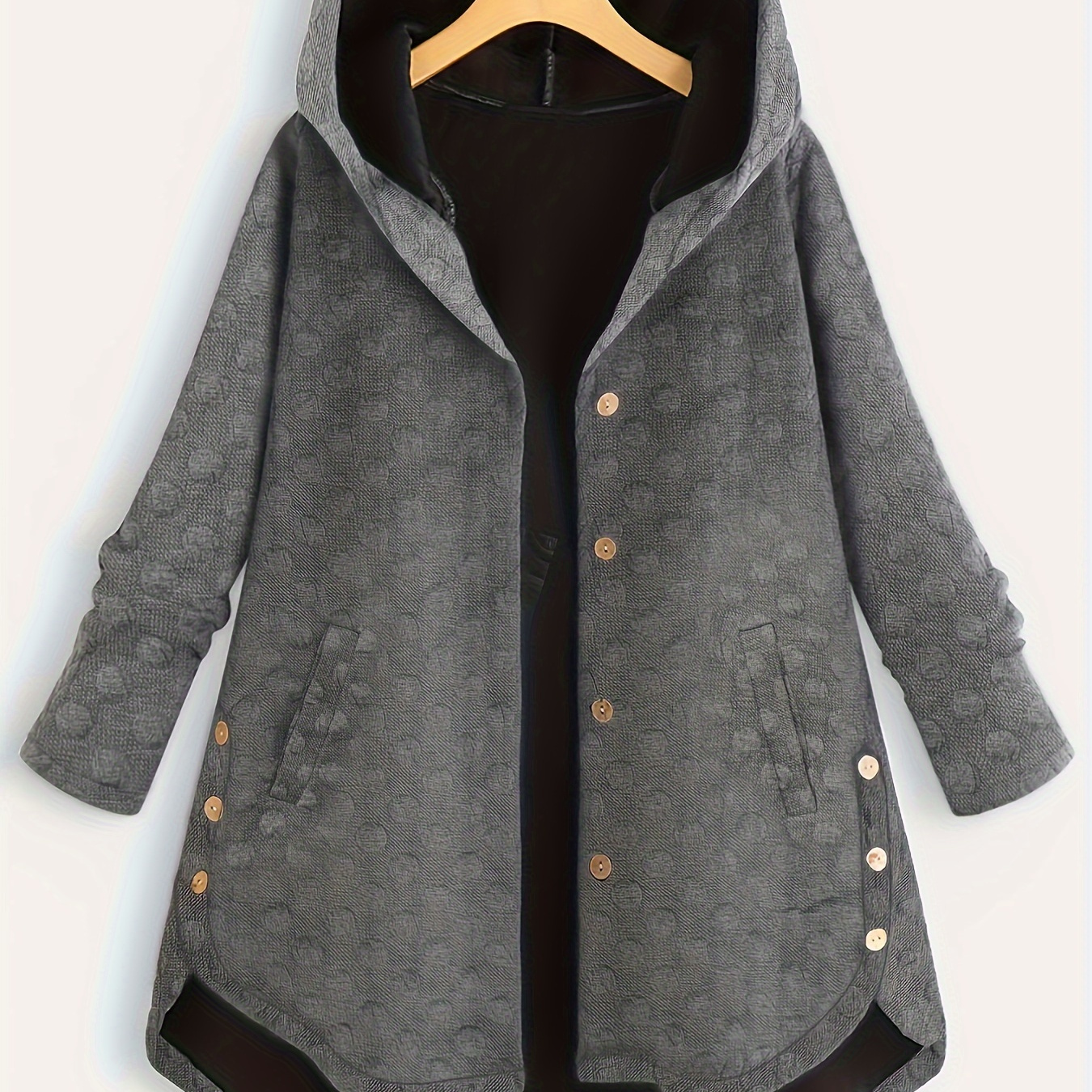 

Plus Size Bubble Textured Long Sleeve Hoodie Coat, Women's Plus Button Up Oversized Casual Coat