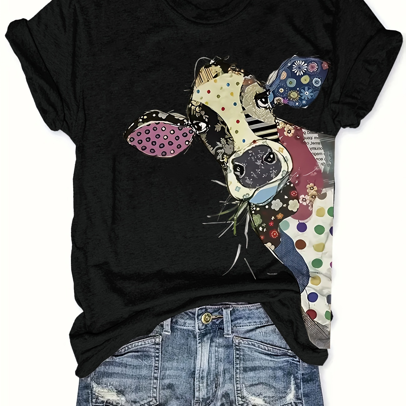 

Plus Size Patchwork Cow Print T-shirt, Casual Short Sleeve Crew Neck Top For Spring & Summer, Women's Plus Size Clothing