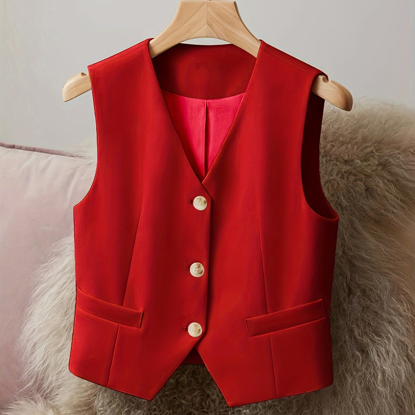 

V Neck Button Front Vest, Elegant Solid Color Sleeveless Vest For Spring & Fall, Women's Clothing