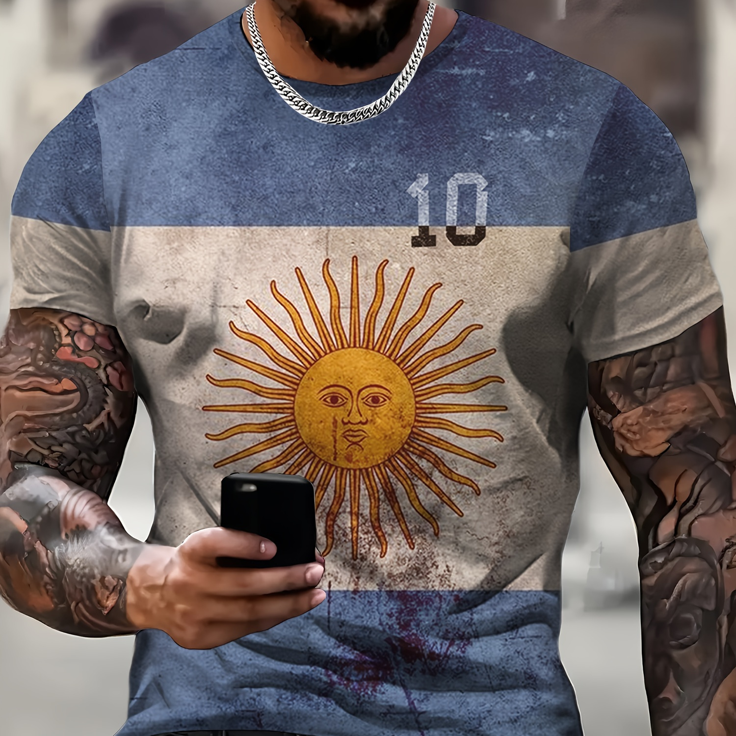 

Men's Argentina Theme Sun Graphic Pattern And #10 Print Contrast Color T-shirt, Crew Neck And Short Sleeve Tee, Chic And Stylish Tops For Summer Outdoors Wear