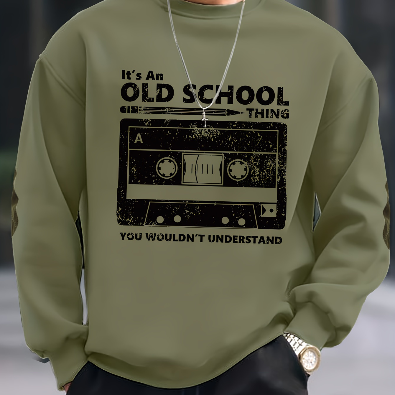 

Old School Tape Pencil Printed Men's Trendy Round Neck Sweatshirt With Long Sleeves, Comfortable Pullover For Leisure & Workout, Best Fall And Winter Choice