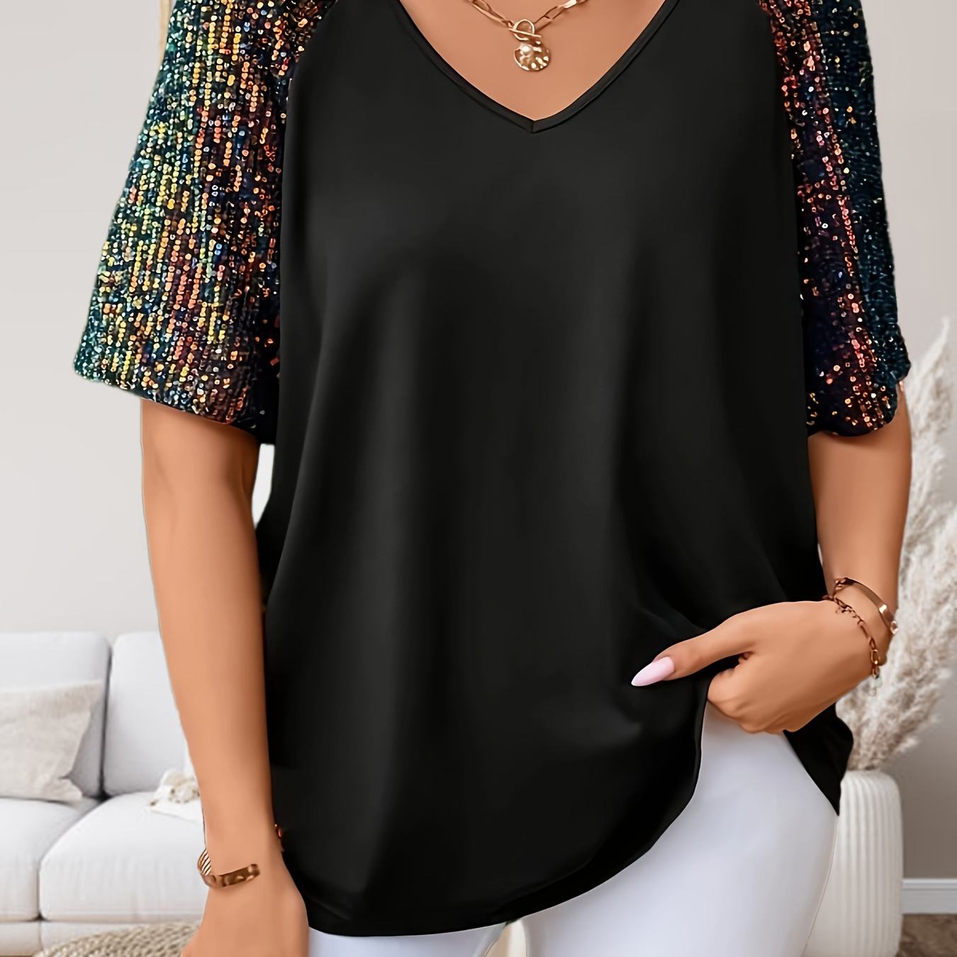

Plus Size Sequin Decor T-shirt, Casual Short Sleeve Top For Spring & Summer, Women's Plus Size Clothing