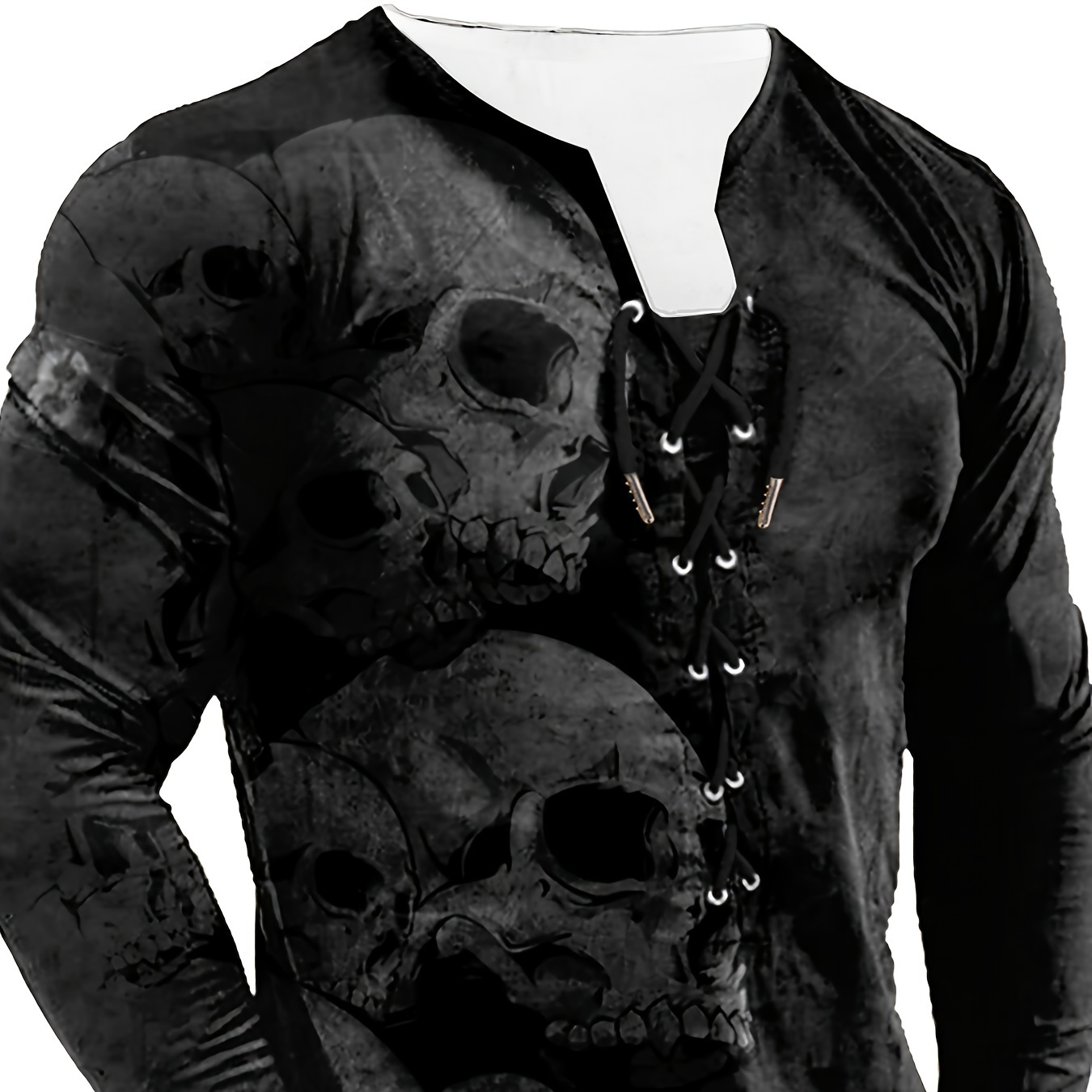

Retro Skull Heads 3d Print Men's Long Sleeve Henley Tee, Men's Chic Clothing For Spring Fall, Gift For Men