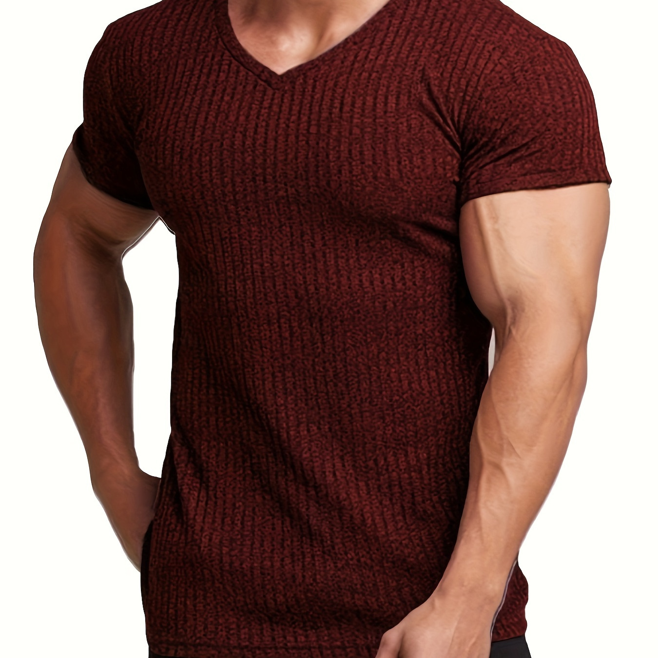 

Solid Causal V-neck Short Sleeve Ribbed T-shirt For Men, Casual Summer T-shirt For Daily Wear And Vacation Resorts
