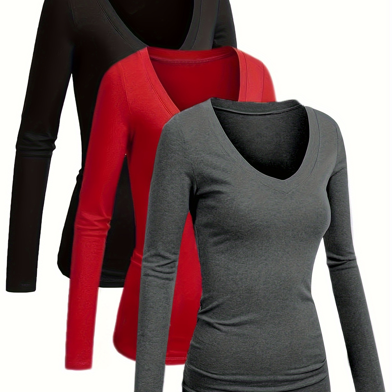 

3 Packs T-, Long Sleeve V T- For , Women's Clothing