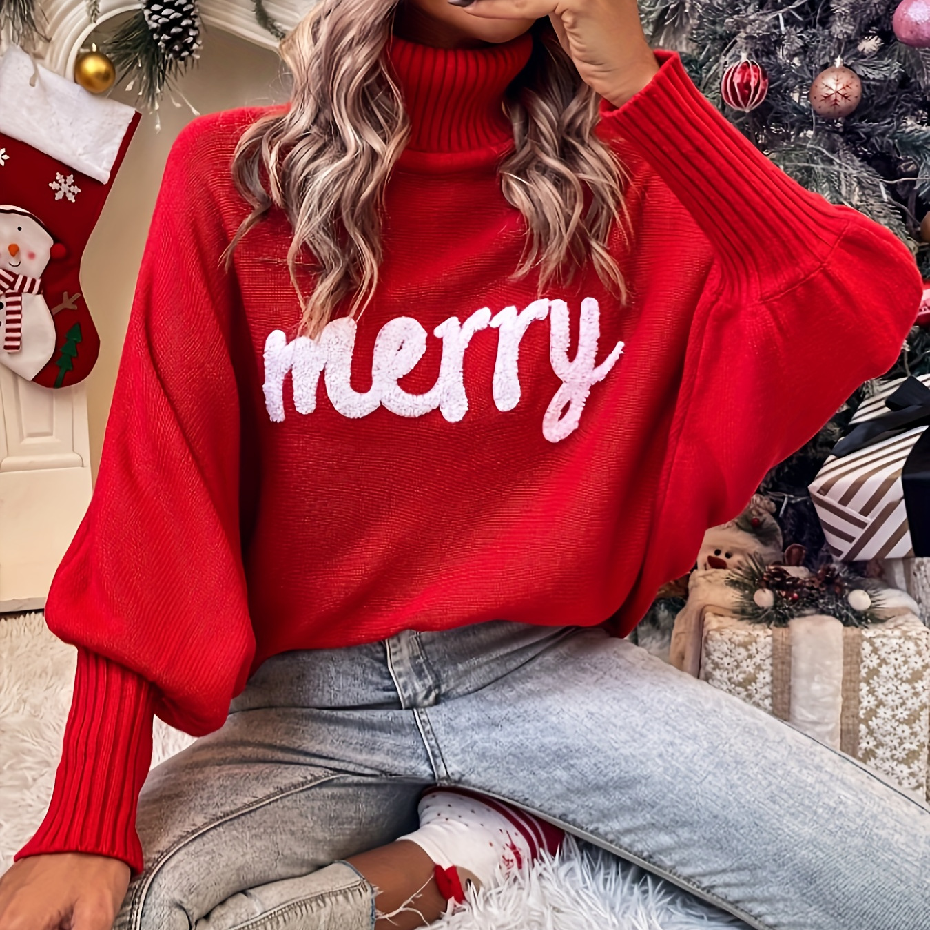 

Merry Christmas Pattern Batwing Sleeve Sweater, Elegant Turtle Neck Sweater For Fall & Winter, Women's Clothing