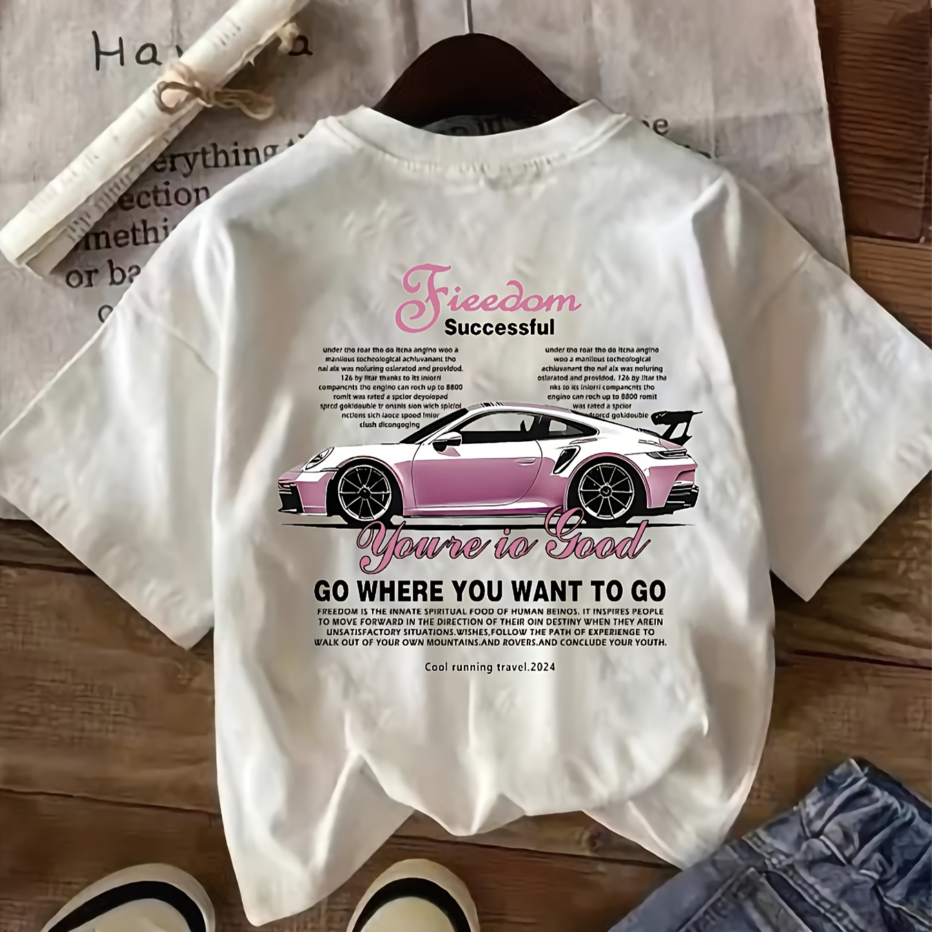 

Women's Casual Crew Neck T-shirt With Car Print - Soft Knit Polyester , Short Sleeve, Wear, Plain T Shirts For Ladies