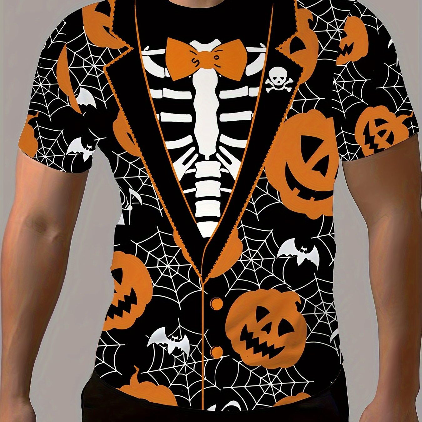 

Men's 3d Halloween Pumpkin & Spider Web Print Short Sleeve T-shirt, Polyester, , Crew Neck, Non-stretch, Summer, Regular Fit, Adult, Knit Fabric