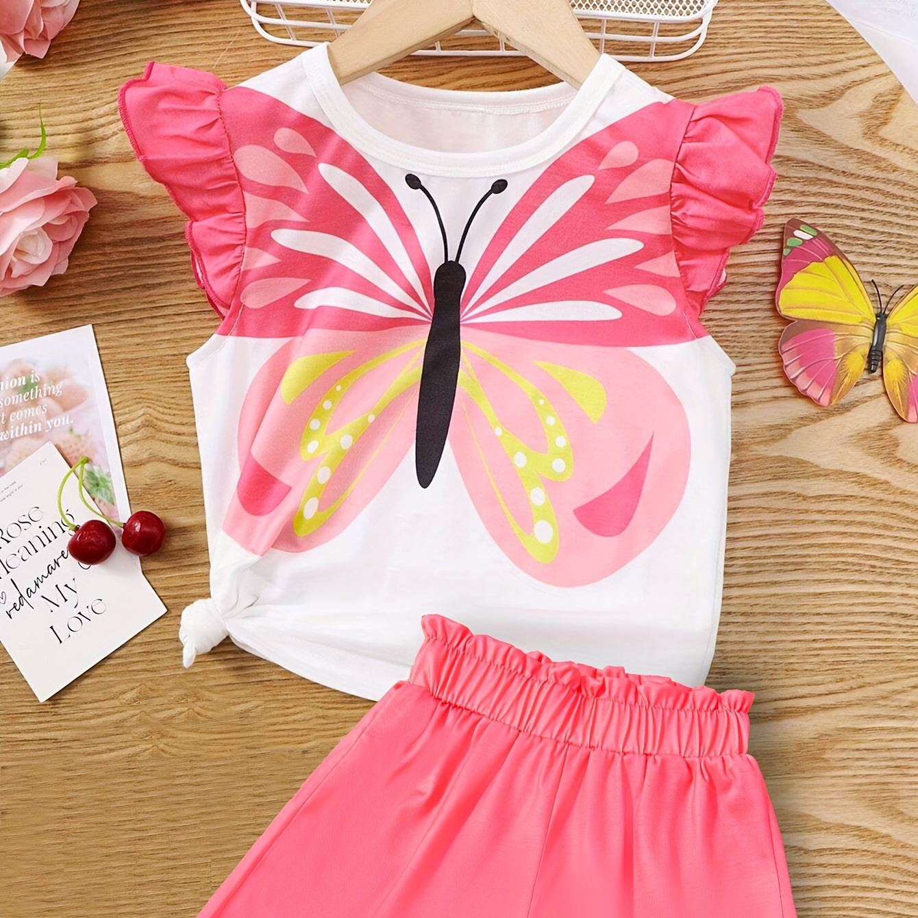 

Butterfly Pattern 2 Pcs Girl's Chic Frill Sleeve Top + High Waist Shorts Set Casual Going Out Girls Summer Clothes