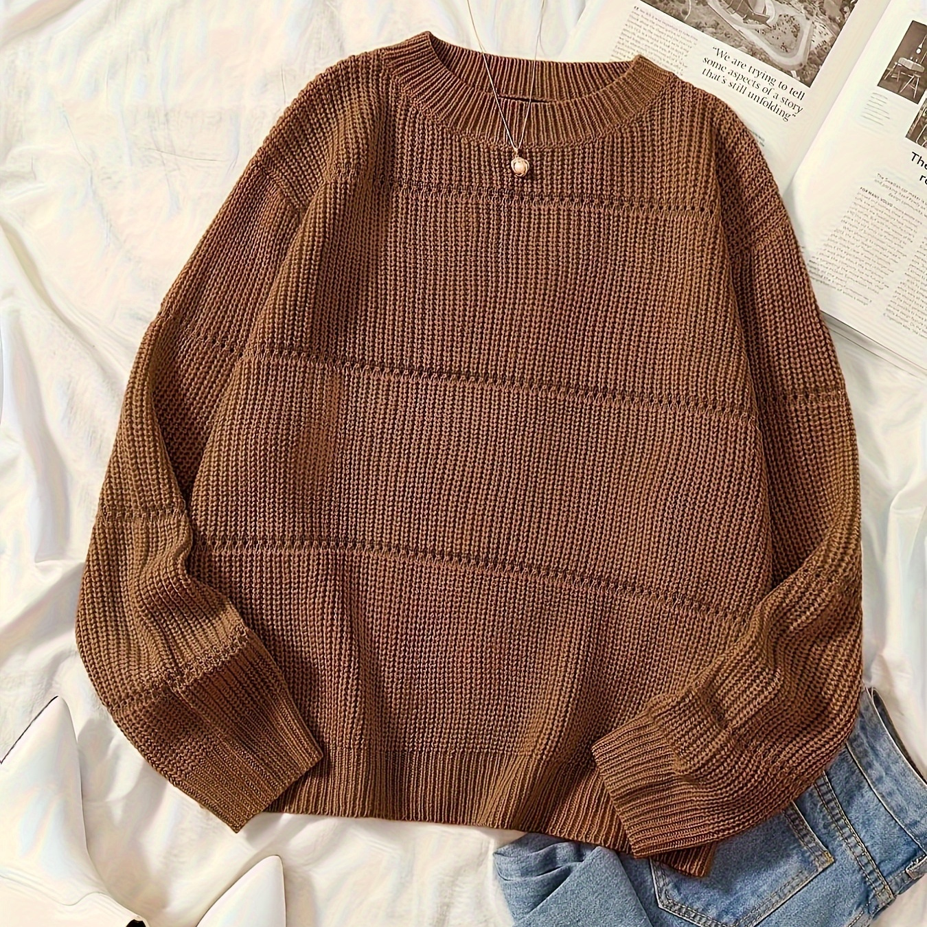 

Solid Crew Neck Sweater, Casual Long Sleeve Sweater For Fall & Winter, Women's Clothing