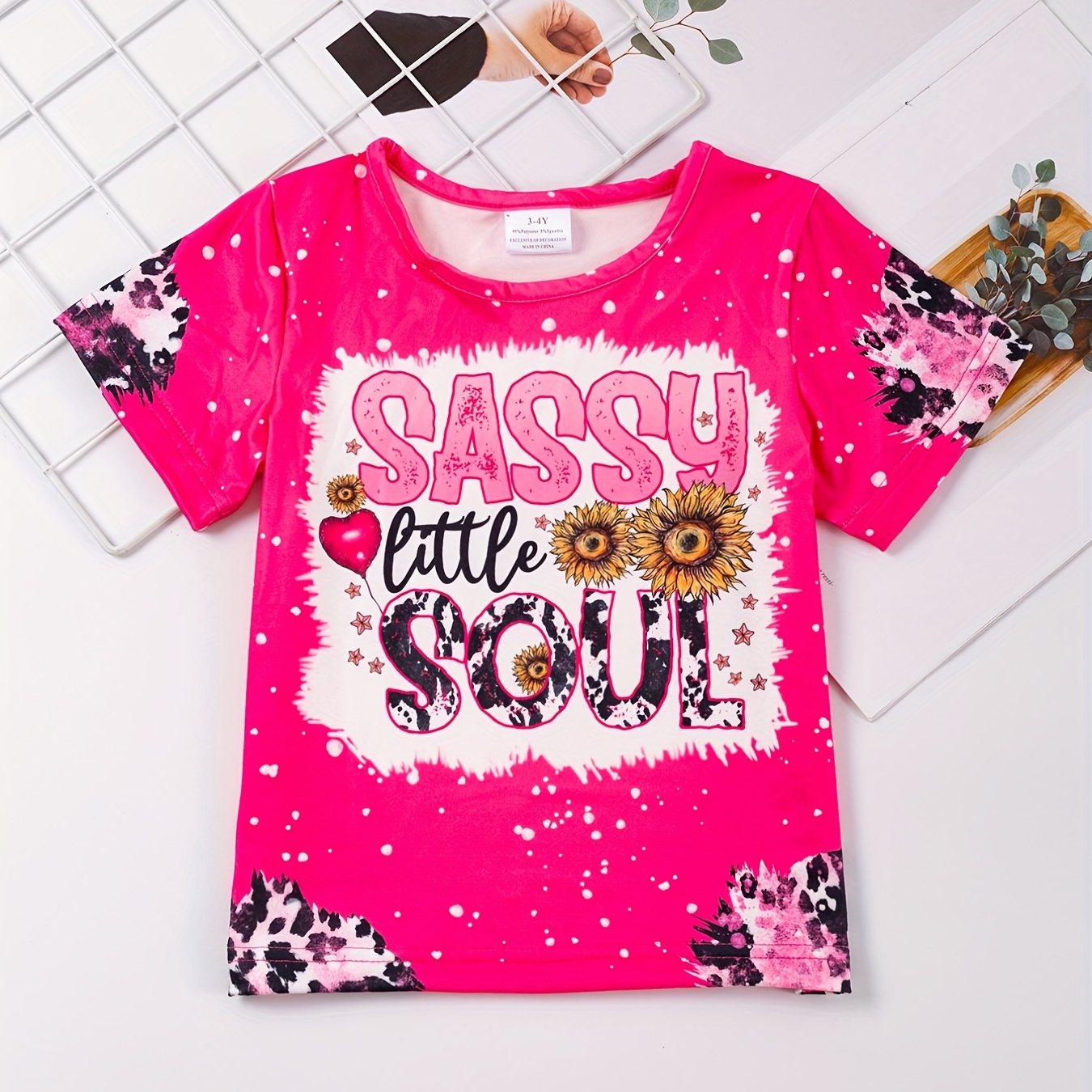 Cartoon Sunflower "Sassy Little Soul" Graphic T-Shirt For Girls Casual Short Sleeve Tee Tops Kids Summer Clothes