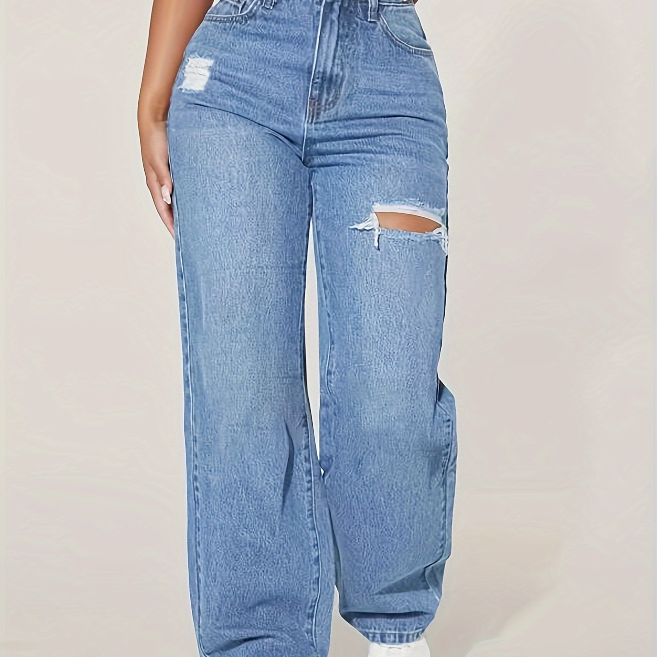 

Ripped Loose Fit Washed Blue Zipper Button Closure Denim Pants, Women's Denim Jeans & Clothing