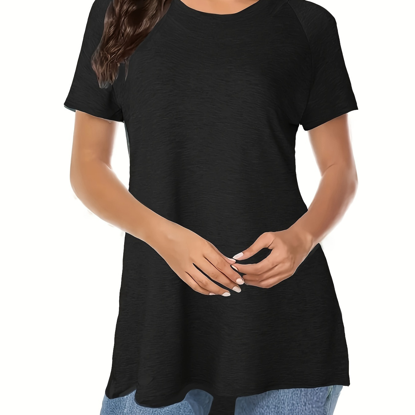

Solid Color Curved Hem T-shirt, Casual Crew Neck Short Sleeve T-shirt For Spring & Summer, Women's Clothing