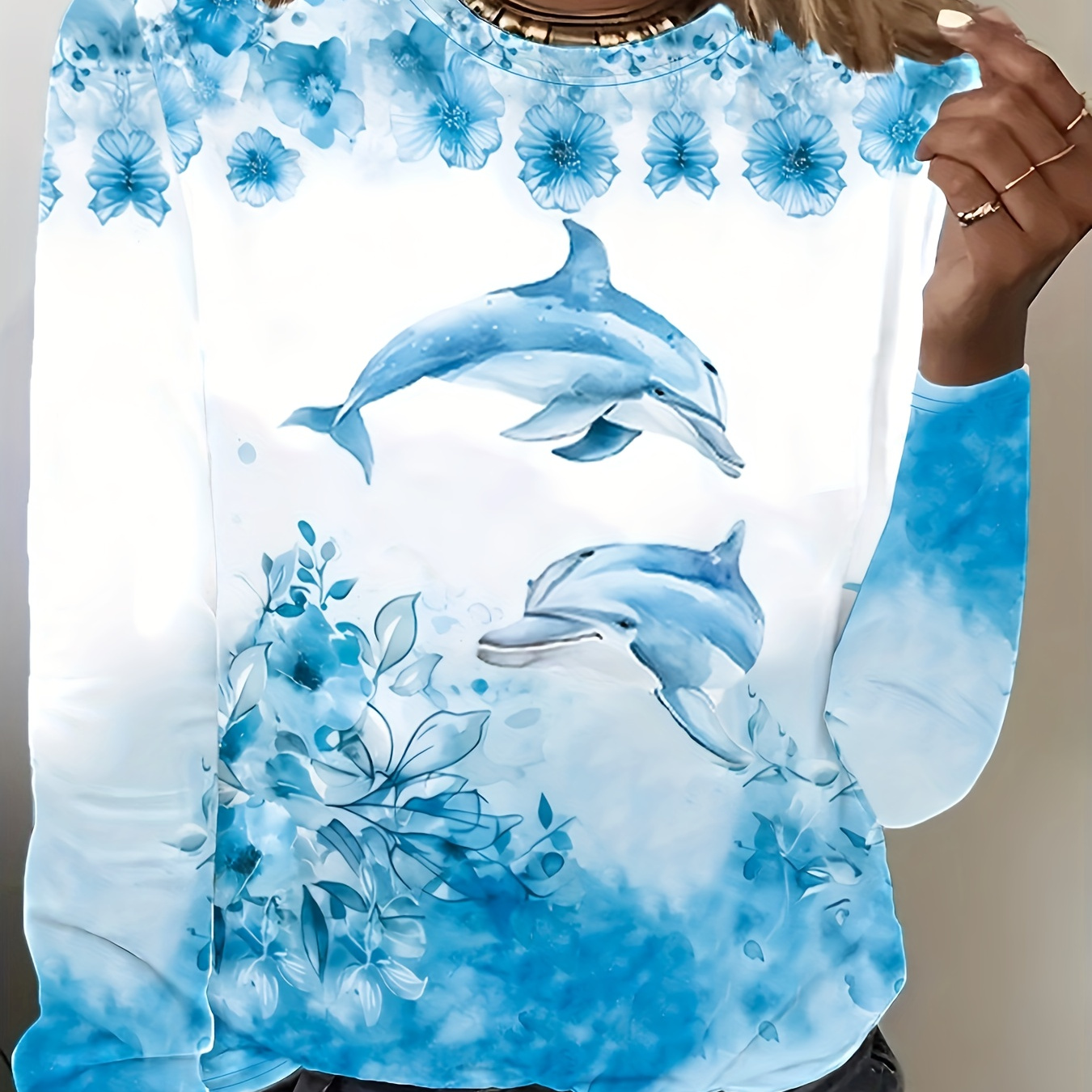 

Dolphin Print Long Sleeve T-shirt, Casual Crew Neck Top For Spring & Fall, Women's Clothing