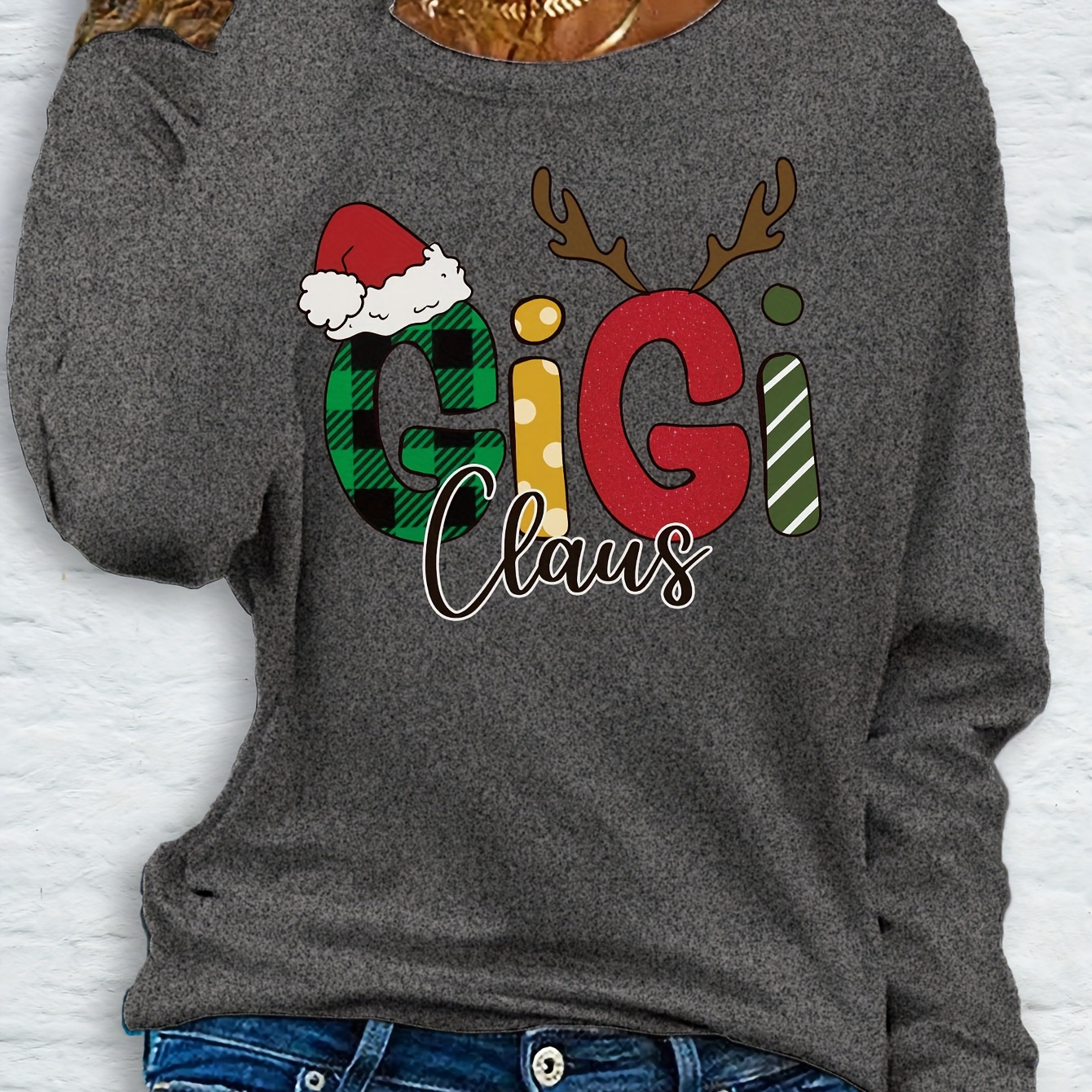

Claus Christmas Letter Print Long Sleeve T-shirt For Women - Casual Polyester Knit Fabric, Round Neck, Regular Fit, Sleeve Drop Shoulder, Pad, No Belt, Comfort