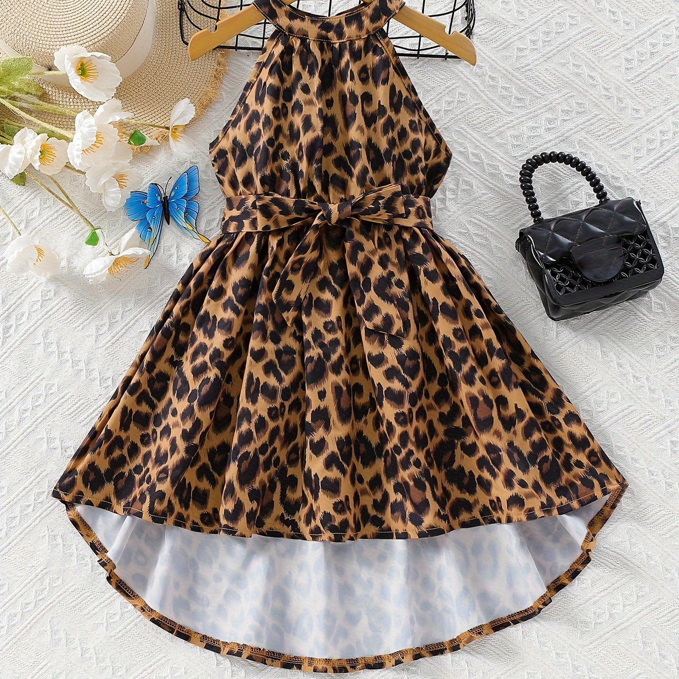 

Leopard Skin Dot Pattern Print, Girls' Halter Neck Dress For Summer, Casual Sleeveless Clothing For Girls, As Gifts