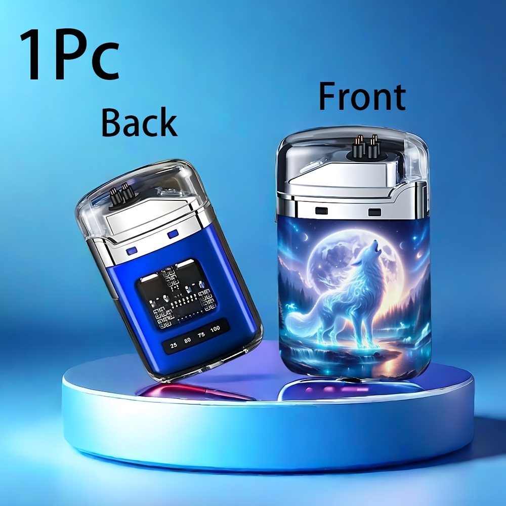 TEMU Arc avec Coque Transparente, Rechargeable USB, Gravé avec un Loup Esprit Bleu-Blanc , Entouré de , de et d'Énigme , Article d'Extérieur Idéal à