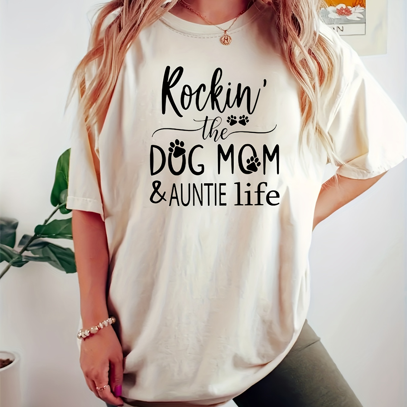 

Dog Mom Neck T-shirt, Casual Short Sleeve Top For , Women's Clothing