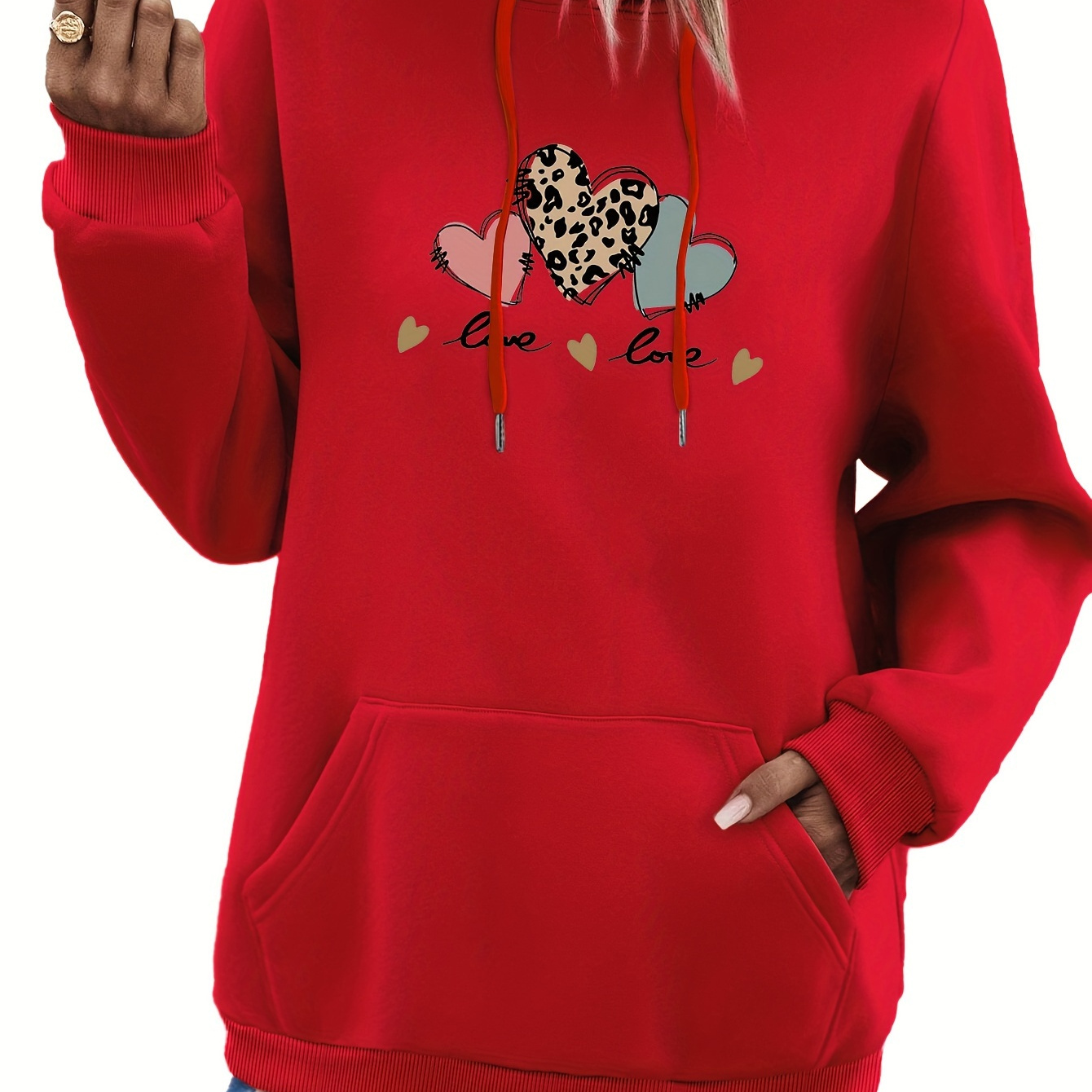 

Women's Casual "be " Heart Print Hoodie - Cozy Fleece-lined Long Sleeve Sweatshirt With Drawstring & Kangaroo Pocket, Leopard Print Detail, Fall/winter