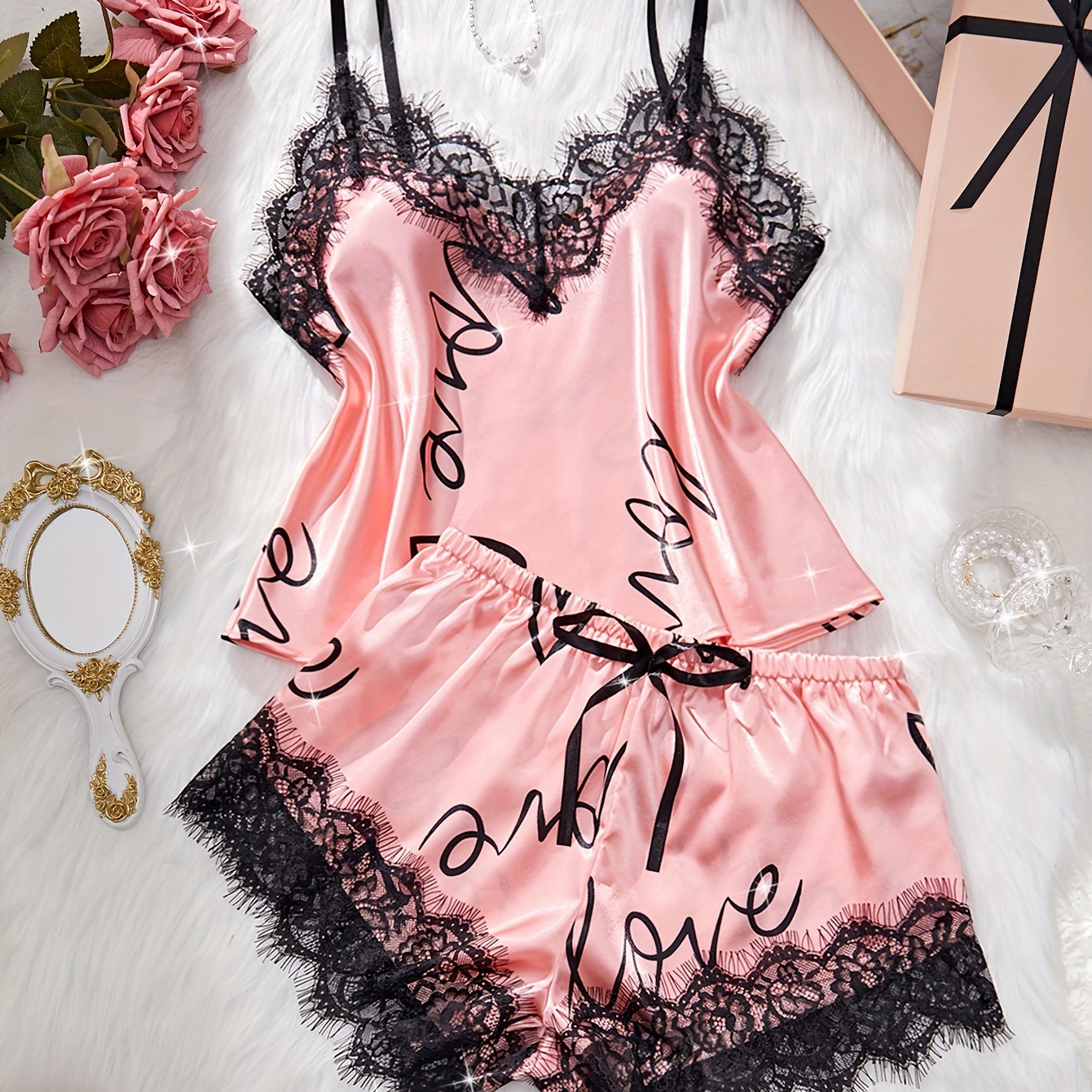 

Elegant Women's Lace-trimmed Letter Print Pajama Set With Bow Detail - Comfortable Spaghetti Strap Top & Shorts, Spring/summer/fall