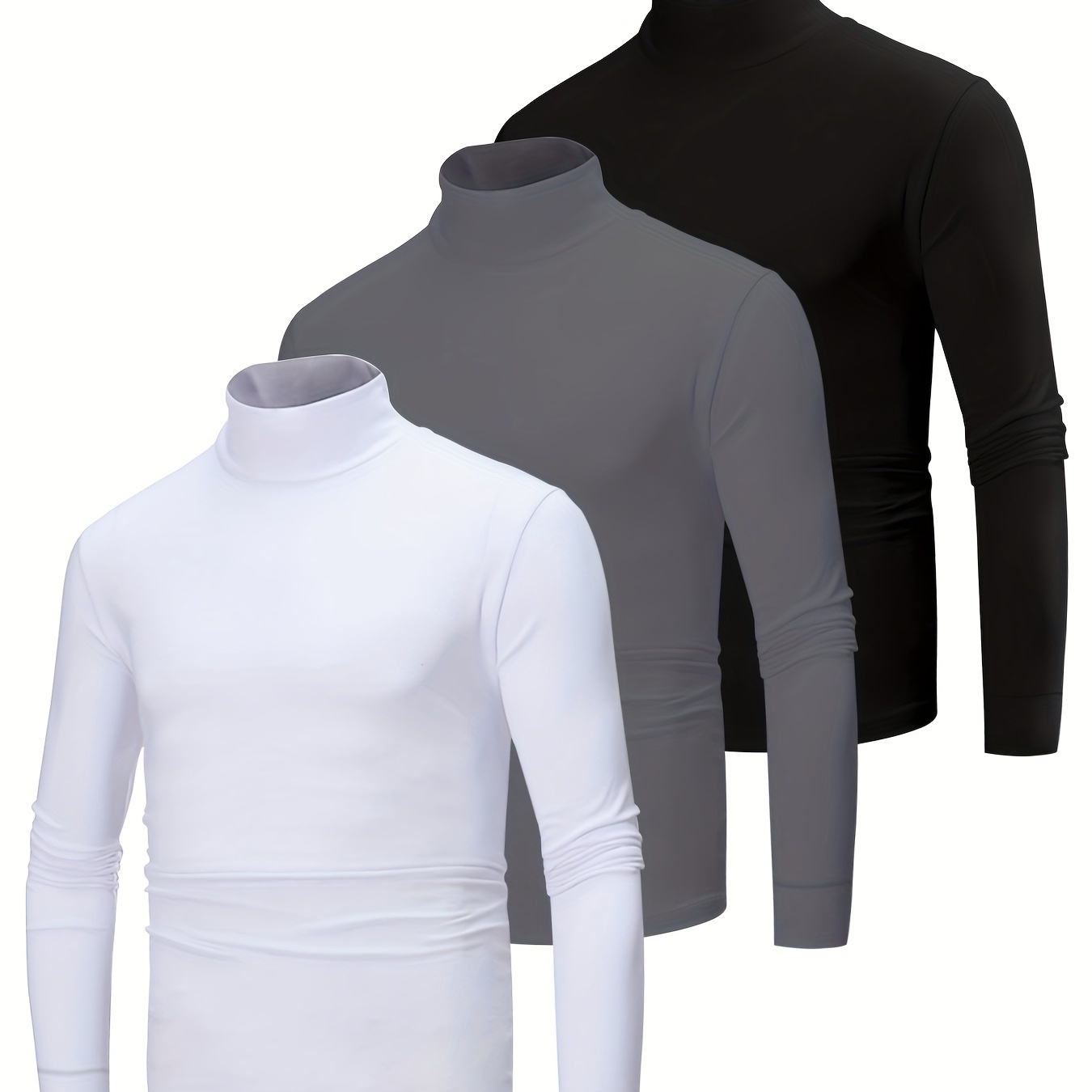 

Men's 3pcs Slim Fit Long Sleeve Turtlenecks - Casual Solid Color, Stretch Fabric, Machine Washable - Spring/fall