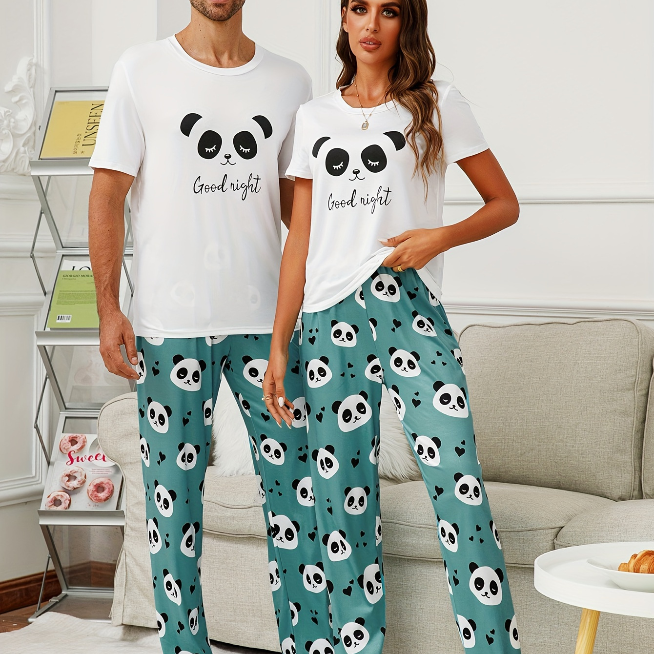 

Men's Couple's 2 Pcs Leisure Pajama Suit - Cute Panda Print Round Neck Short Sleeve & Trousers For Daily Wearing