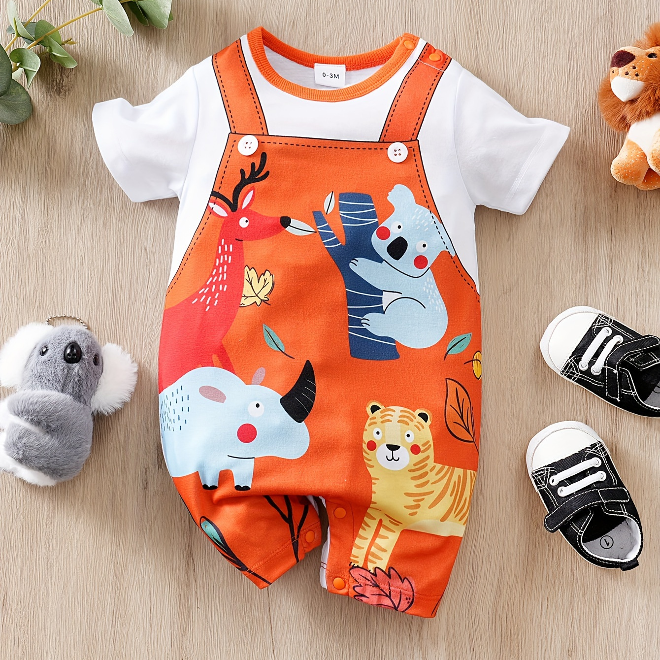 

Baby Boy's Summer Outfit, Cute Koala Print Short Sleeve Crew Neck Romper, Infant Bodysuit, Orange Trim