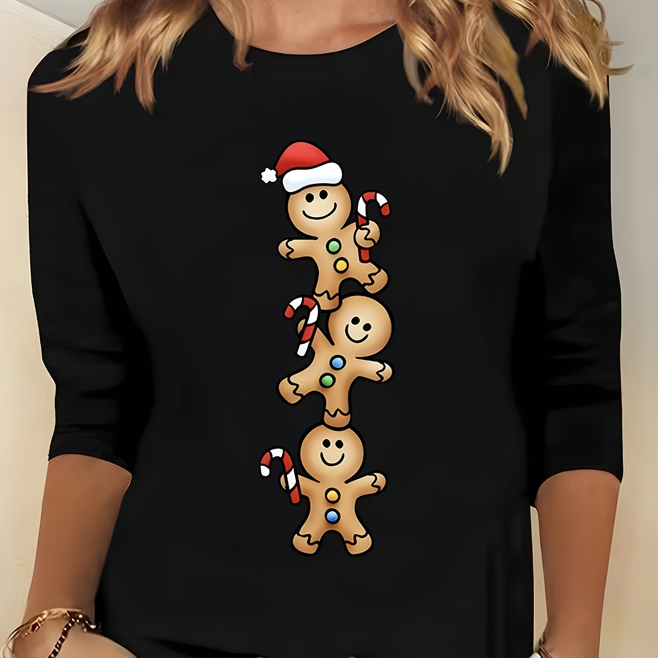 

1pc Women's Plus Size Christmas T-shirt, Casual Round Neck, Polyester Knit Fabric With Gingerbread Man Print, Stretchy, Holiday Top For Spring/autumn