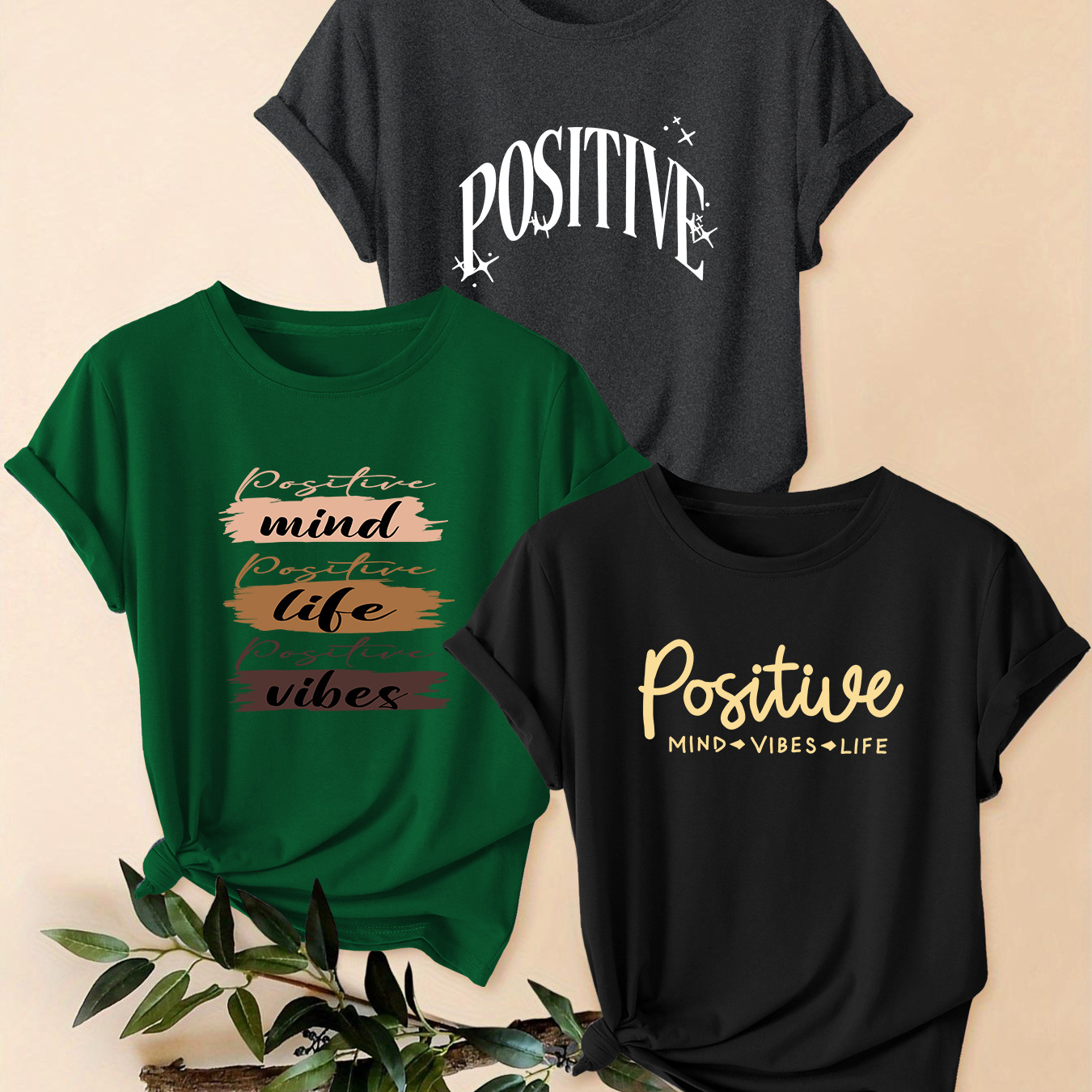 

3pcs Plus Size Women's T-shirts - Casual Crew Neck, Short Sleeve With Letter , Breathable Polyester - Summer Collection, Plus Size, Printed, Women's, Short Sleeve, T-shirt