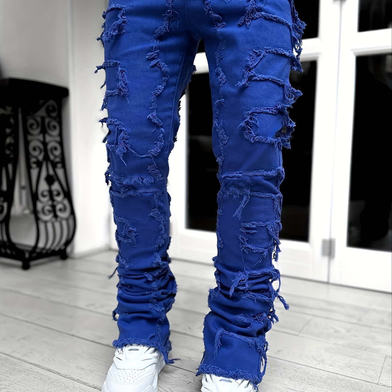 

Men's Slim Fit And Creative Tassel Decoration Straight Jeans, Men's Casual Streetwear Style Hip-hop Skateboard Rap Jeans, All Seasons