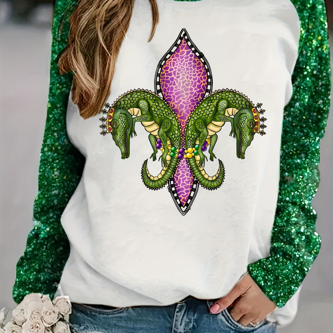 

Women's Mardi Gras Celebration Long Sleeve T-shirt - Vibrant Geometric Print, Crew Neck, Casual Polyester Top, Machine Washable - Spring & Fall