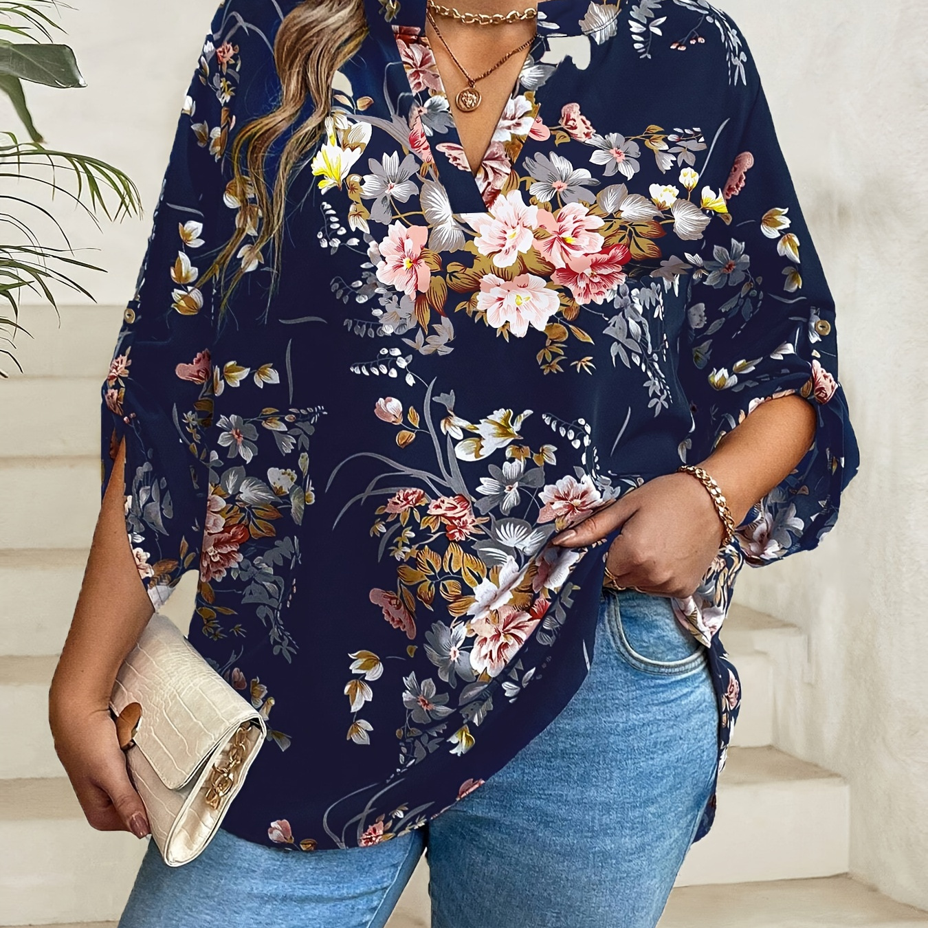 

Blouse à imprimé floral grande taille, élégante blouse à col en V et manches 3/4 pour le printemps, vêtements grande taille pour femmes