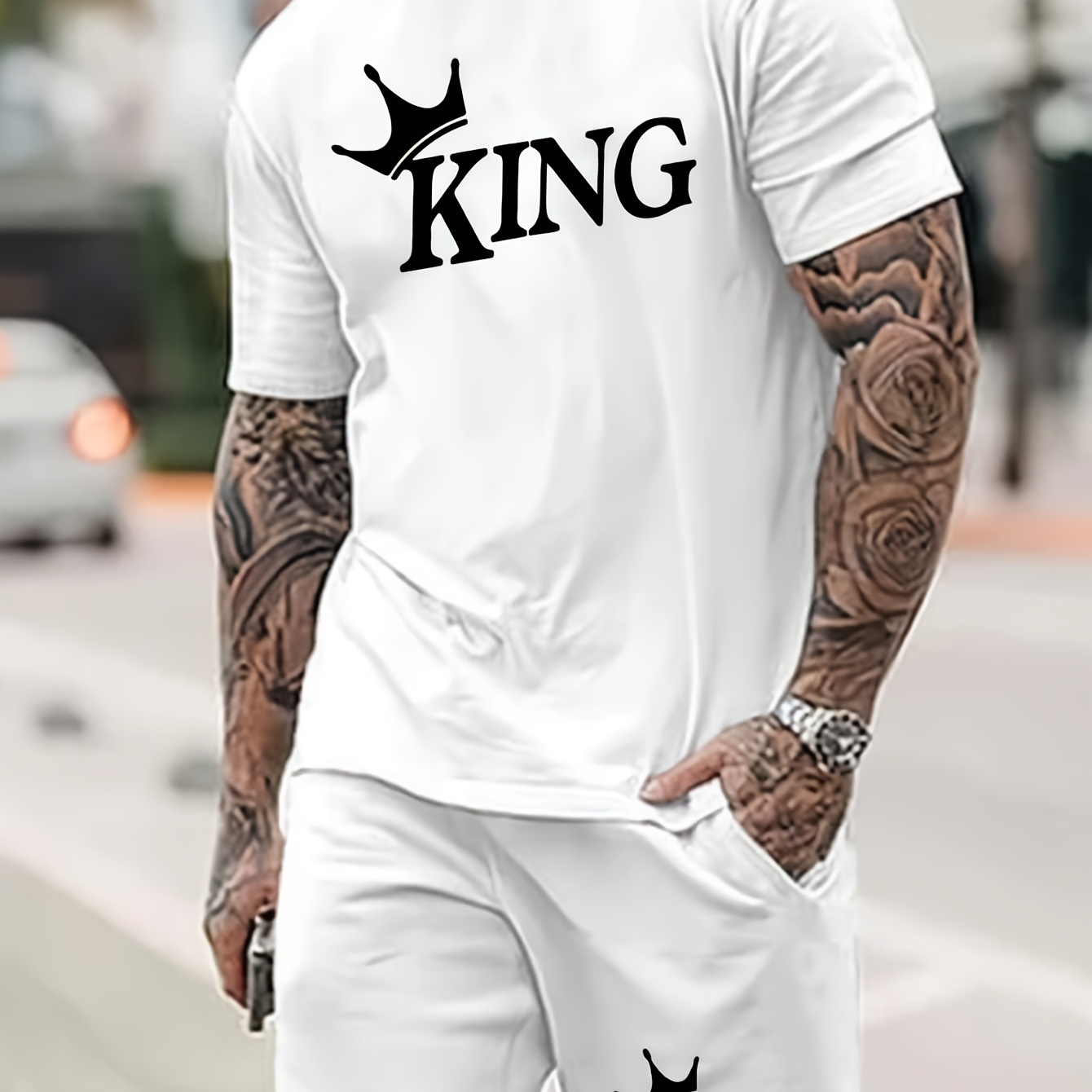 

King Pattern 2pcs Outfits For Men, Casual Crew Neck Short Sleeve T-shirt And Elastic Waist Shorts Set For Summer, Men's Clothing Loungewear Vacation Workout
