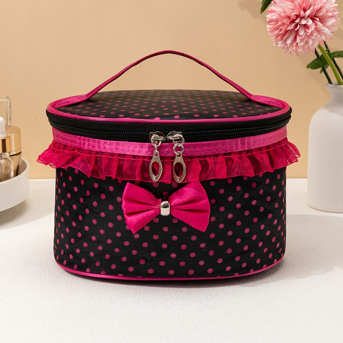 

Cosmetic Makeup Storage Bag, Large Portable Zipper Travel Makeup Cosmetic Bag Organizer Holder Top Handle-dot Print With Bow Lace Decor (black)